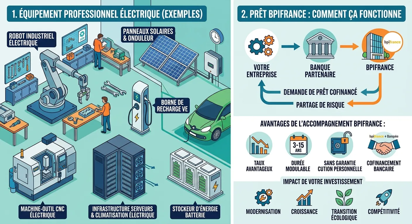 Illustration montrant un équipement professionnel électrique et un prêt Bpifrance