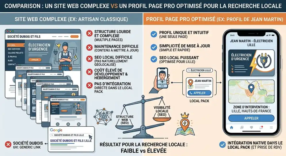 Comparaison : un site web complexe vs un profil Unike optimisé pour la recherche locale
