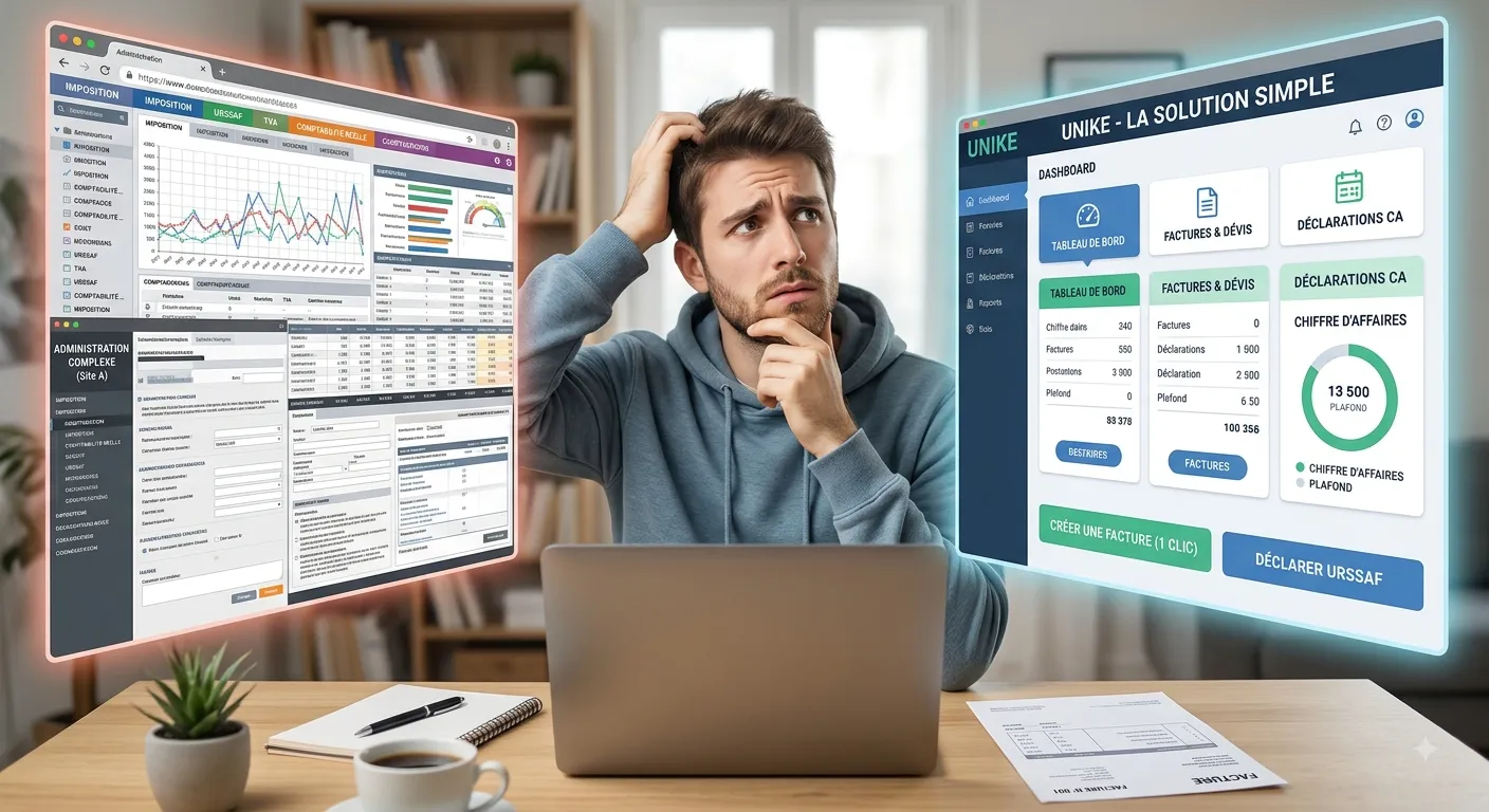 Auto-entrepreneur hésitant face à son ordinateur avec d'un côté un site web complexe et de l'autre une solution simple comme Unike