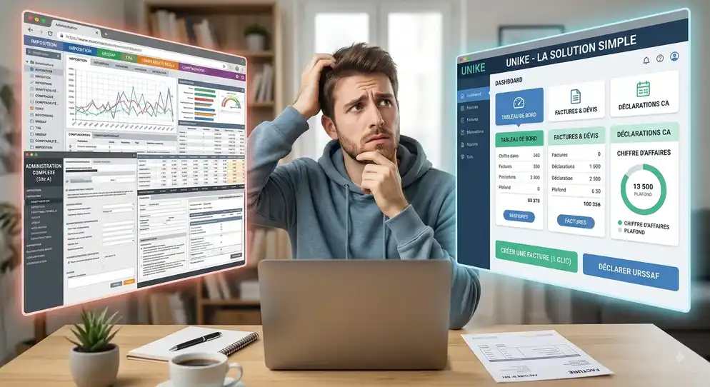 Auto-entrepreneur hésitant face à son ordinateur avec d'un côté un site web complexe et de l'autre une solution simple comme Unike