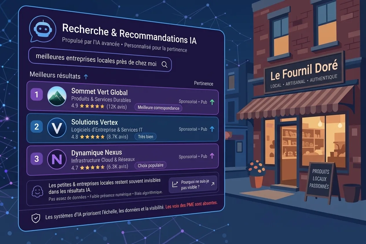Illustration montrant une PME invisible dans les résultats d'une intelligence artificielle