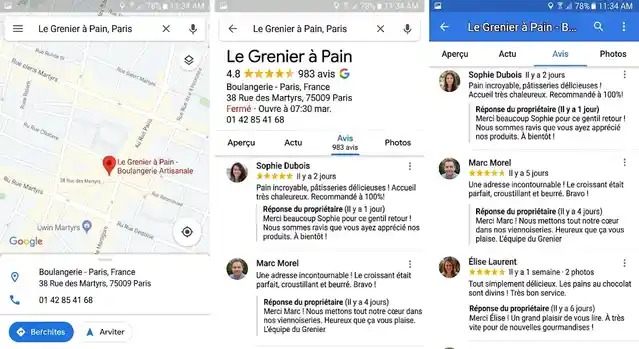 Capture d'écran d'une fiche Google Maps avec de nombreux avis 5 étoiles et réponses du gérant