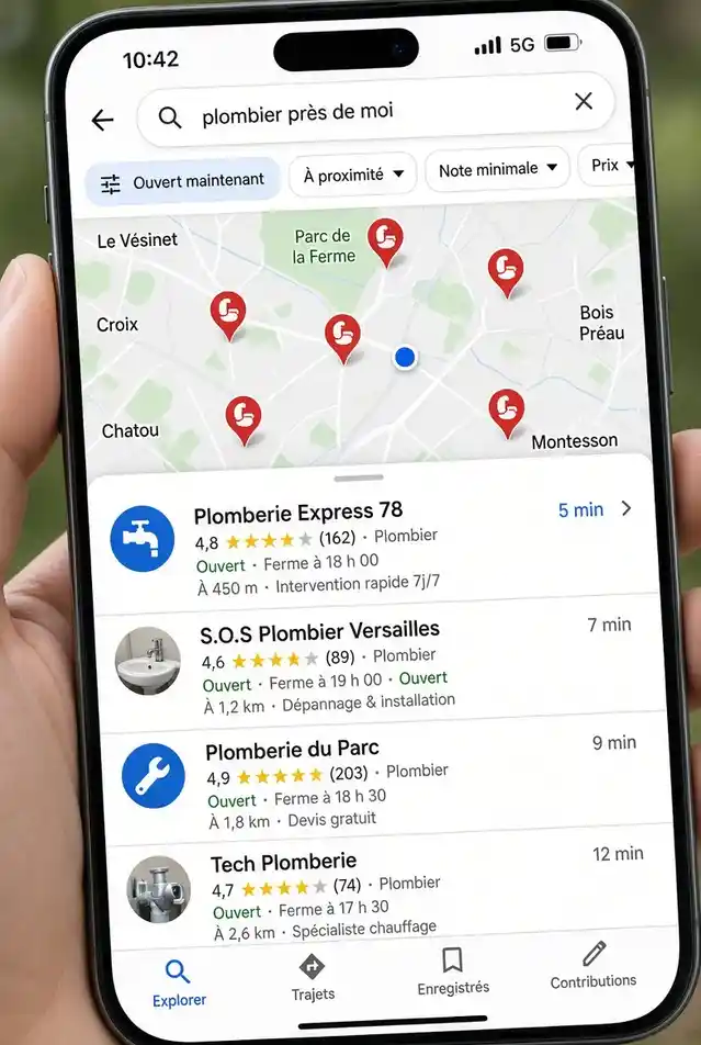 Vue rapprochée d'une recherche Google Maps sur mobile pour un service local