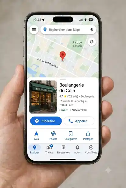 Illustration montrant un smartphone avec l'application Google Maps affichant une entreprise locale et des avis étoilés