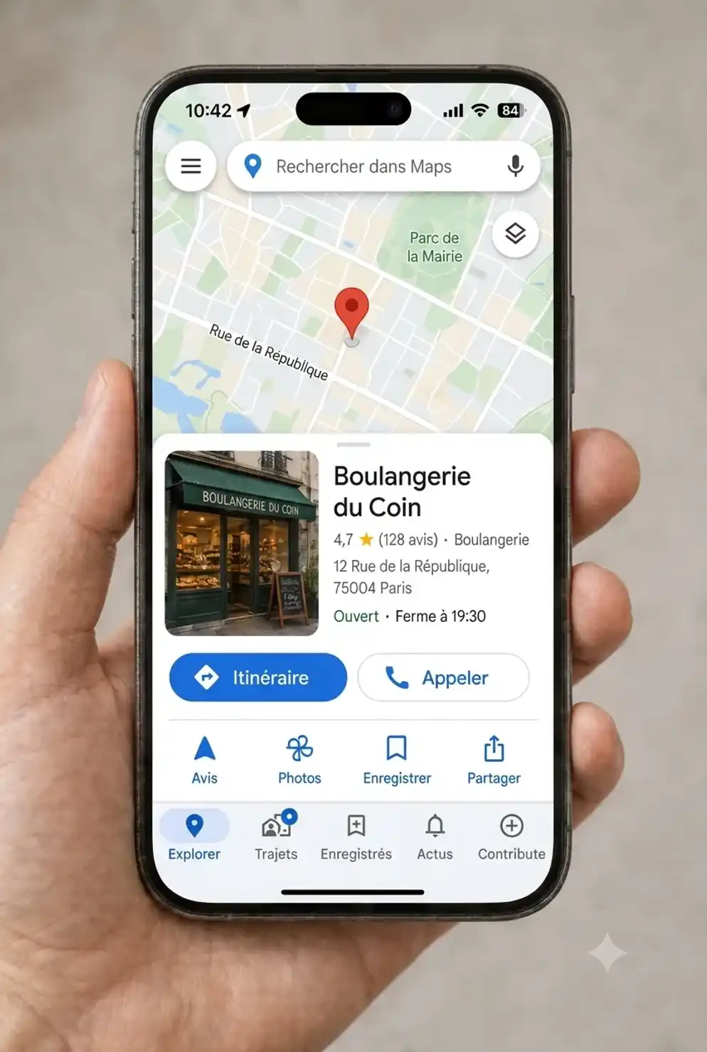 Illustration montrant un smartphone avec l'application Google Maps affichant une entreprise locale et des avis étoilés