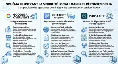 Schéma illustrant la visibilité locale dans les réponses des IA : Google AI Overviews, ChatGPT et Perplexity
