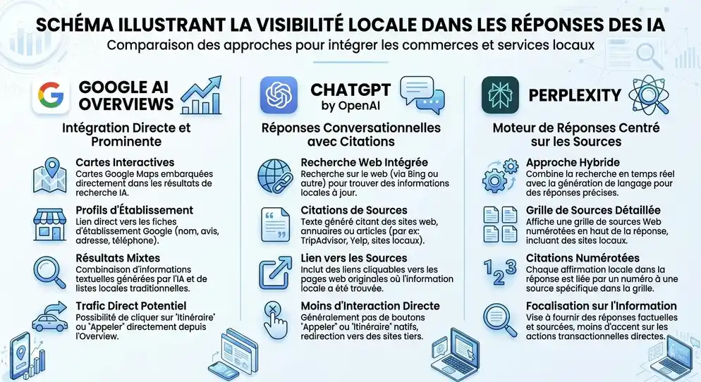 Schéma illustrant la visibilité locale dans les réponses des IA : Google AI Overviews, ChatGPT et Perplexity